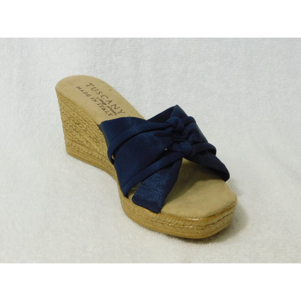 W642 Easy Street Blue Crepe Ghita Tuscany Wedge Sandals Size 6.5 WW